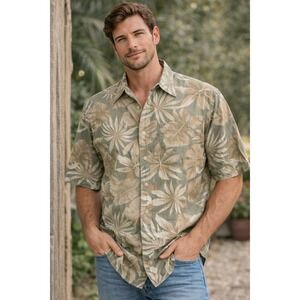 Campia Moda Mens Medium Cotton Tropical Leaf Aloha Shirt Sage Green Short Sleeve